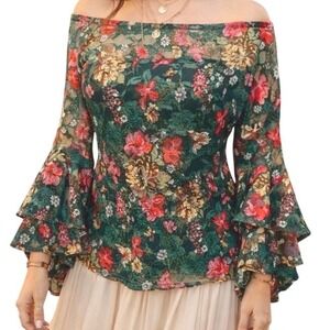 Whimsigoth Floral Printed Lace Off The Shoulder Long Layered Sleeve Blouse Sz L